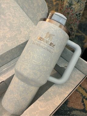 LoveShackFancy White Floral Stanley Travel Tumbler with Gold Accent